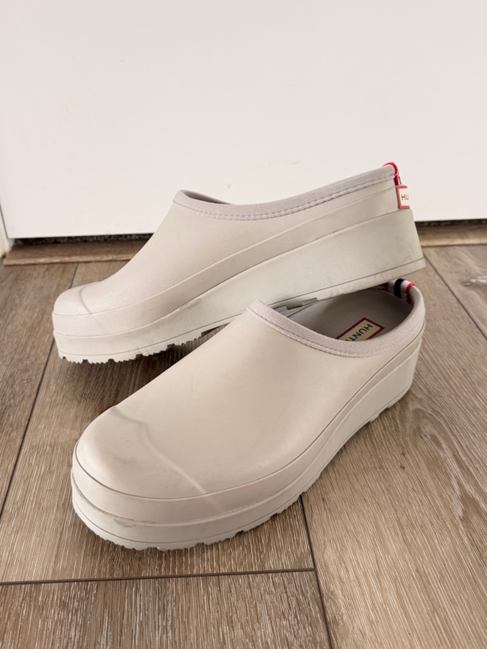 Hunter Taupe Platform Clogs with Red Heel Tab